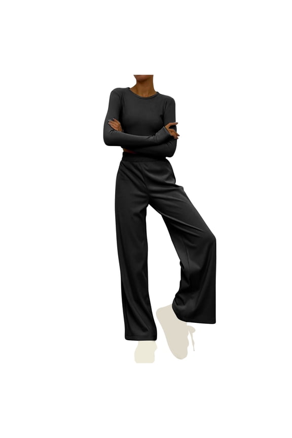 Women's 2 Piece Loungewear Long Sleeve Crop Top Wide Leg Palazzo Pants Set Tracksuits Casual Solid Color Outfit M