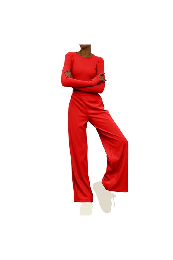 Women's 2 Piece Loungewear Long Sleeve Crop Top Wide Leg Palazzo Pants Set Tracksuits Casual Solid Color Outfit Red XL