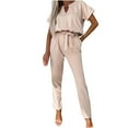 thumbnail image 1 of UYISJ Women's 2 Piece Outfits Deep V Neck Short Sleeve Jumpsuits Long Pant Romper Lounge Jogger Set with Pockets Beige XL, 1 of 4