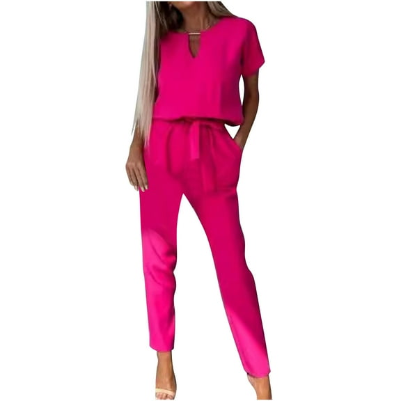 UYISJ Women's 2 Piece Outfits Deep V Neck Short Sleeve Jumpsuits Long Pant Romper Lounge Jogger Set with Pockets Hot Pink M