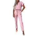 thumbnail image 1 of UYISJ Women's 2 Piece Outfits Deep V Neck Short Sleeve Jumpsuits Long Pant Romper Lounge Jogger Set with Pockets Pink S, 1 of 3