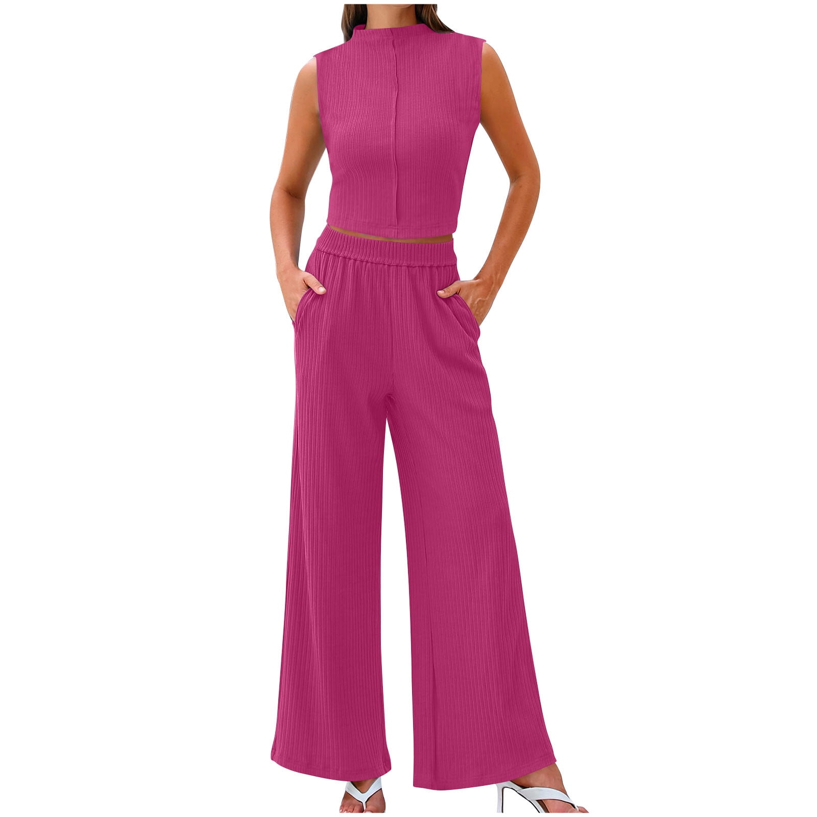Women's 2-Piece Summer Outfit - Strapless Striped Crop Top & High Waist Wide Leg Pants Set