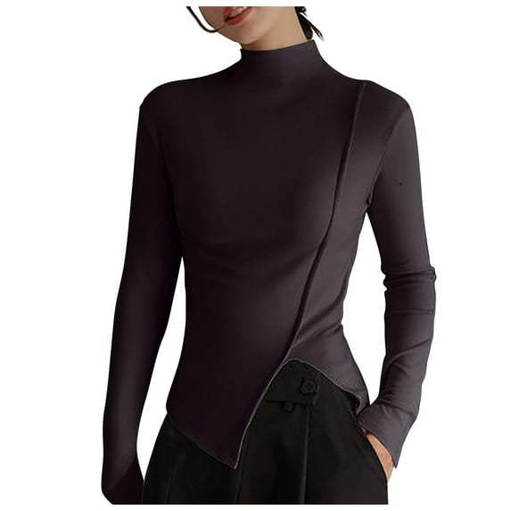 UYISJ Women's Basic Mock Neck Top Long Sleeve Slim Fit Casual T-Shirts Side Split Tunic Tops