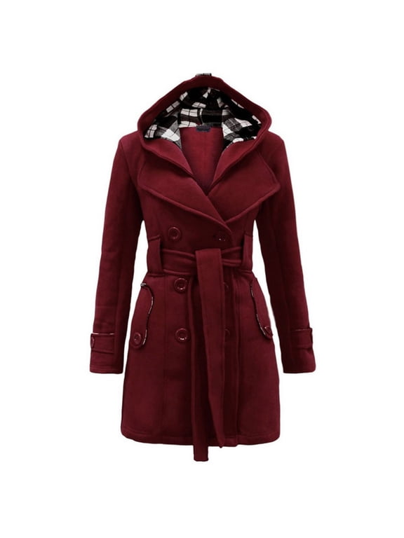 Women's Basic Pea Coats Double Breasted Belted Warm Winter Big Jackets Fashion Hooded Coats With Pockets Wine 3XL
