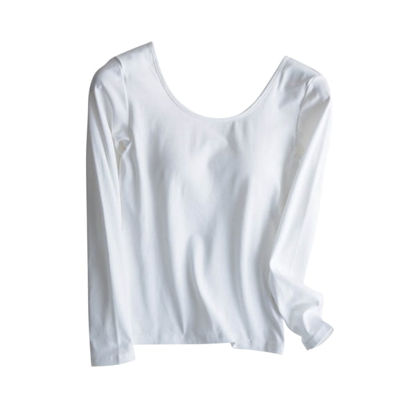 UYISJ Women's Basic Scoop Neck Long Sleeve Shirt with Built in Bra Slim Fit Solid Color Padded Top Pullover Base Layer Tee White M