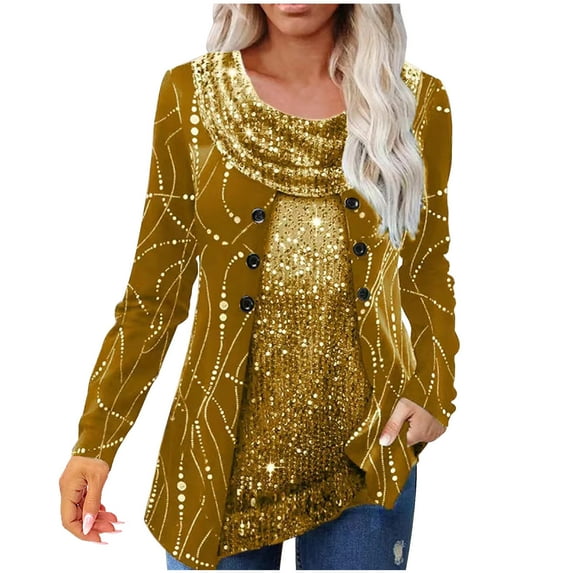 UYISJ Women's Blouse Velvet Shimmer Sequin Fake Two Pieces Ruched Cowl Neck Shirt Glitter Party Long Sleeve Tunics Tops Gold M