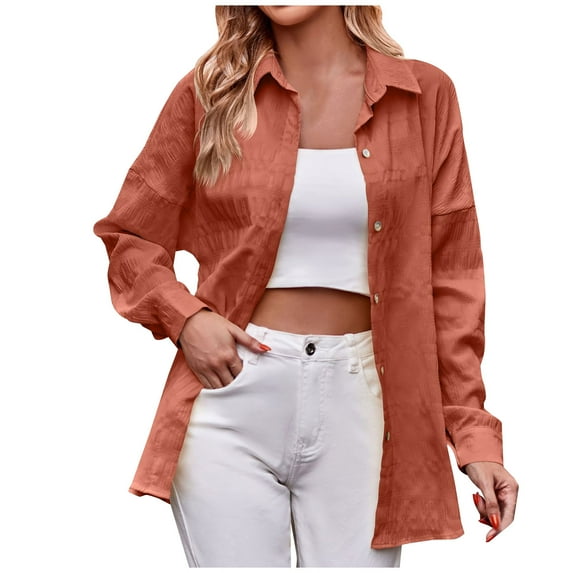 UYISJ Women's Button Down Shirt Jacket Long Sleeve Blouses V Neck Casual Fall Tunics Loose Fit Solid Color Shacket Orange S