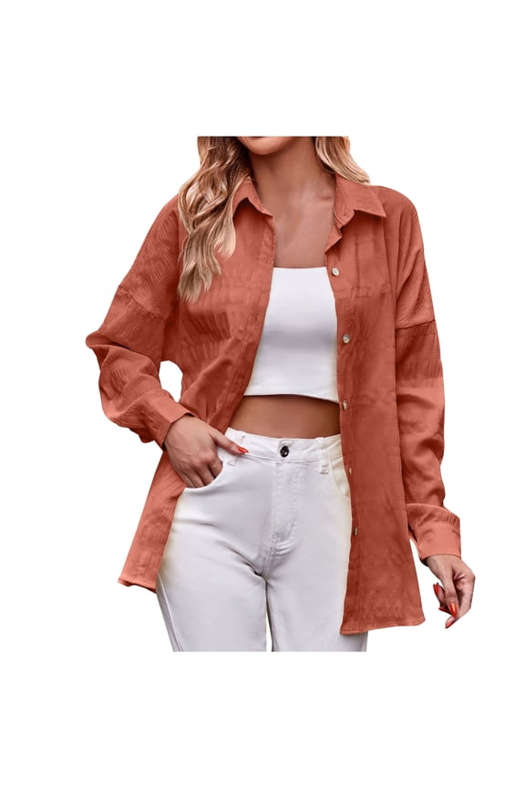 Women's Button Down Shirt Jacket Long Sleeve Blouses V Neck Casual Fall Tunics Loose Fit Solid Color Shacket Orange XXL
