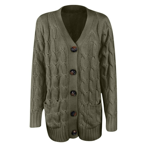 UYISJ Women's Cable Knit Cardigan Long Sleeve Open Front Button Down Knitwear Sweater Button Down Solid Color Coat Army Green L