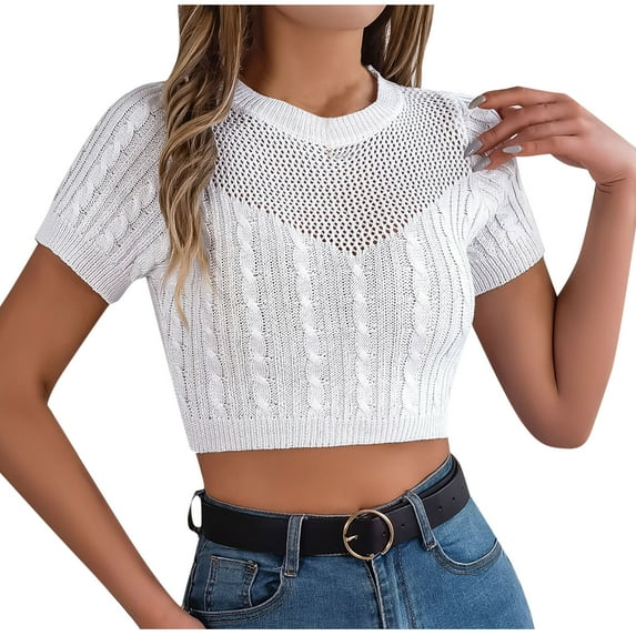 UYISJ Women's Cable Knit Crop Tops Short Sleeve Crew Neck Knit Sweater Solid Color Casual Slim Fit Hollow Out Sweaters M