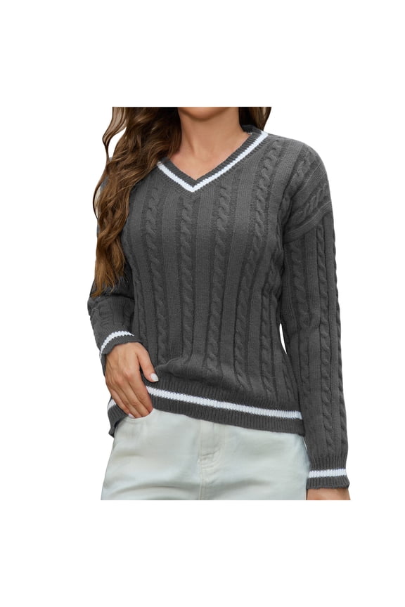 Women's Cable Knit V Neck Sweaters Casual Long Sleeve Pullover Striped Trendy Loose Jumper Top Fall Shirt Gray L