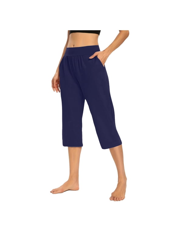 Women's Capri Pants Summer Loose Yoga Pants Comfy Workout Cropprd Pants with Pockets Navy Blue L