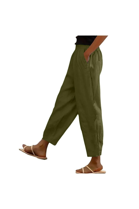 Women's Capris Trendy Elastic Waist Summer Pants Solid Color Loose Fit Casual Pants With Pockets Going out Cropped Pants Army Green XL