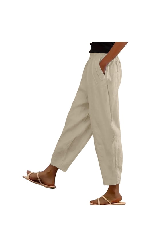 Women's Capris Trendy Elastic Waist Summer Pants Solid Color Loose Fit Casual Pants With Pockets Going out Cropped Pants Beige XL
