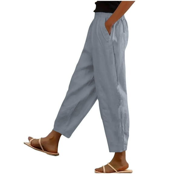 UYISJ Women's Capris Trendy Elastic Waist Summer Pants Solid Color Loose Fit Casual Pants With Pockets Going out Cropped Pants Gray L