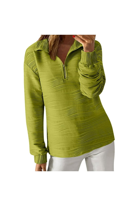Women's Casual Half Zip Shirts Long Sleeve Pullover Shirts Solid Color Textured Tunic Tops Fall Quarter Zip Sweatshirts Green S