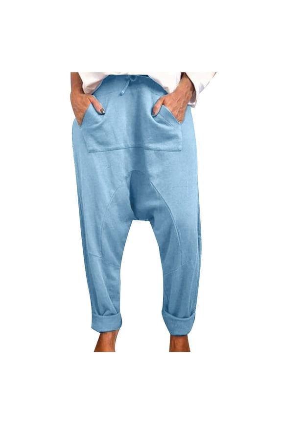 Women's Casual Lantern Trousers Tapered Harem Pants Loose Fit Style Flax Ankle Trousers Baggy Slacks with Pocket Blue M