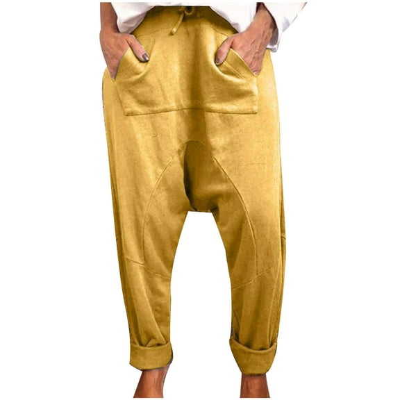 UYISJ Women's Casual Lantern Trousers Tapered Harem Pants Loose Fit Style Flax Ankle Trousers Baggy Slacks with Pocket Yellow S