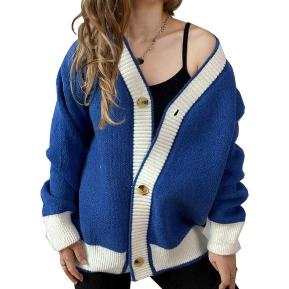 UYISJ Women's Casual Loose Knitted Cardigan Long Sleeve Open Front Blocked Color Button Down Oversized Sweater Coats Blue S