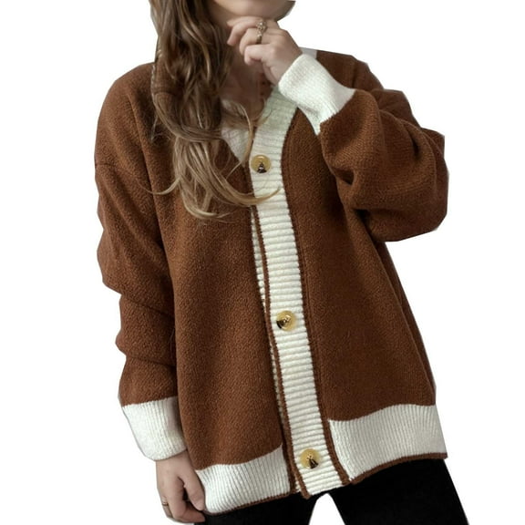 UYISJ Women's Casual Loose Knitted Cardigan Long Sleeve Open Front Blocked Color Button Down Oversized Sweater Coats Brown L