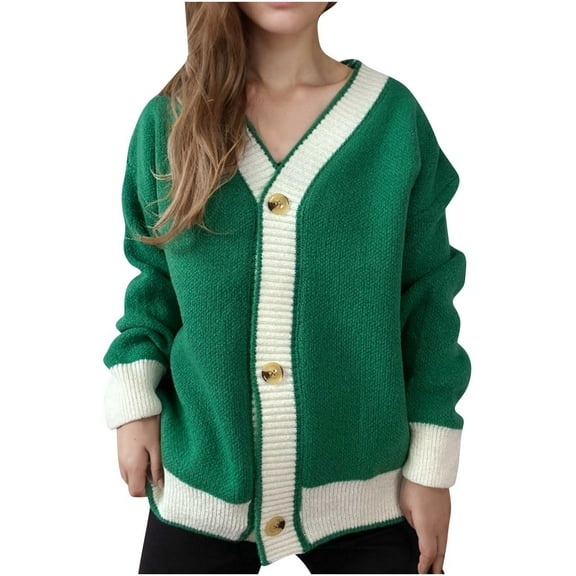 UYISJ Women's Casual Loose Knitted Cardigan Long Sleeve Open Front Blocked Color Button Down Oversized Sweater Coats Green S