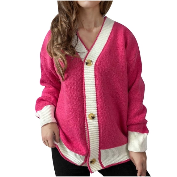 UYISJ Women's Casual Loose Knitted Cardigan Long Sleeve Open Front Blocked Color Button Down Oversized Sweater Coats Hot Pink S