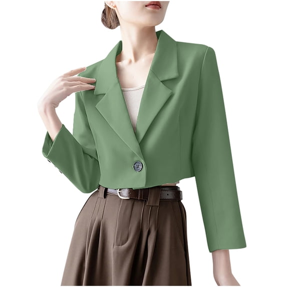UYISJ Women's Casual Office Cropped Blazer Long Sleeve Open Front with Button Cardigans Solid Color Fall Jacket Work Suit Green XXL