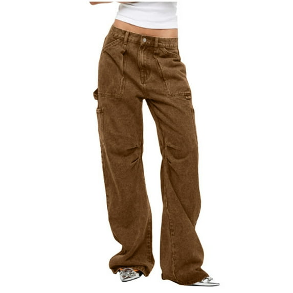 UYISJ Women's Casual Ripped Wide Leg Jeans High Waisted Distressed Loose Denim Pants Brown M