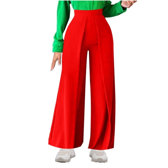 UYISJ Women's Casual Wide Leg Pants High Waisted Button Down Trousers Straight Long Trousers Office Pants with Pockets Red M