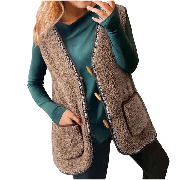 UYISJ Women's Casual Winter Fleece Vest Warm Open Front Sherpa Cozy Sleeveless Cardigan Outerwear Jackets Coats with Pockets Khaki S