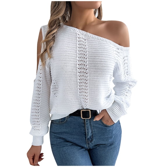 UYISJ Women's Cold Shoulder Long Sleeves Sweater Casual Loose Comfy Rib Knit T-Shirts Fall Winter Pullover Tops Blouse White L
