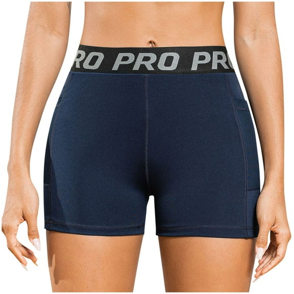 UYISJ Women's Compression Shorts Athletic Workout Nylon Shorts with Pockets for Casual Volleyball Gym Yoga Athletic Stretchy Pants Navy M