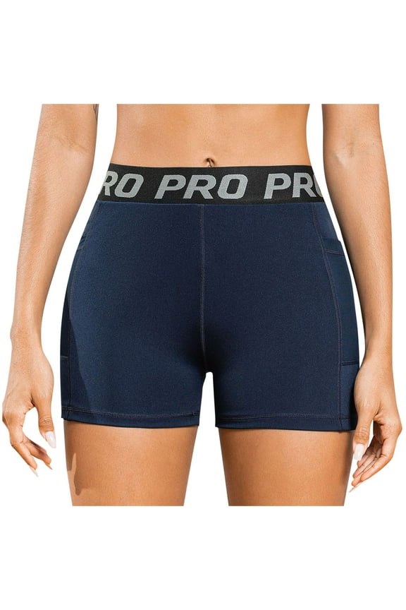 Women's Compression Shorts Athletic Workout Nylon Shorts with Pockets for Casual Volleyball Gym Yoga Athletic Stretchy Pants Navy M