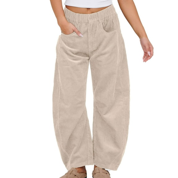 UYISJ Women's Corduroy Pants Mid Rise Elastic Waist Pants Casual Wide Leg Baggy Trousers Loose Fit Solid Pants with Pockets Beige M