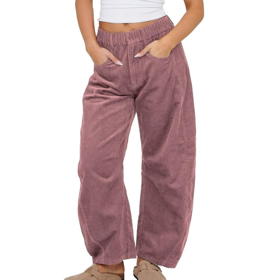 UYISJ Women's Corduroy Pants Mid Rise Elastic Waist Pants Casual Wide Leg Baggy Trousers Loose Fit Solid Pants with Pockets Purple L