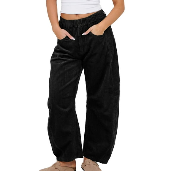 UYISJ Women's Corduroy Pants Mid Rise Elastic Waist Pants Casual Wide Leg Baggy Trousers Loose Fit Solid Pants with Pockets XXL