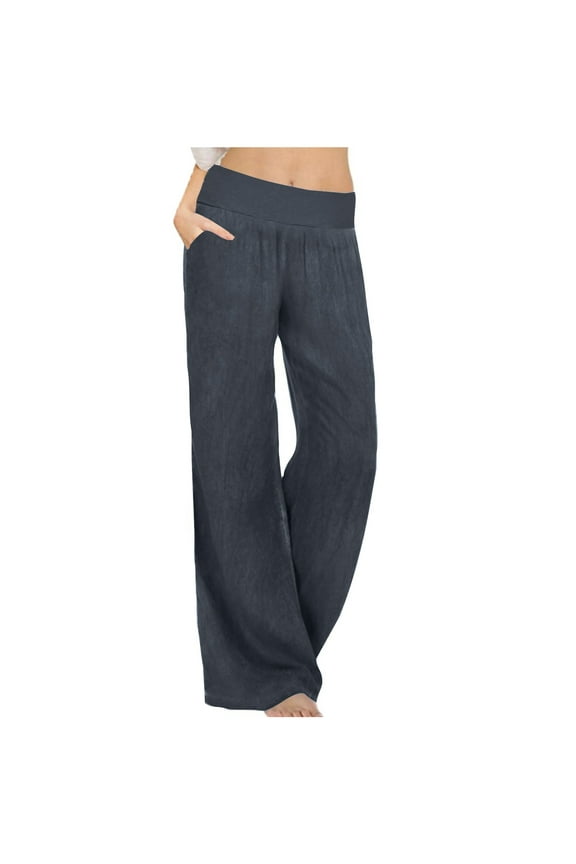 Women's Cotton Linen Pants Summer Dressy Casual Wide Leg Loose Palazzo Pants High Waits Pants with Pockets Black With Pockets L