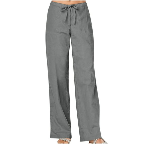 UYISJ Women's Cotton Linen Pants Summer Wide Leg Casual Loose Drawstring High Waist Palazzo Pants Trousers with Pockets Gray M