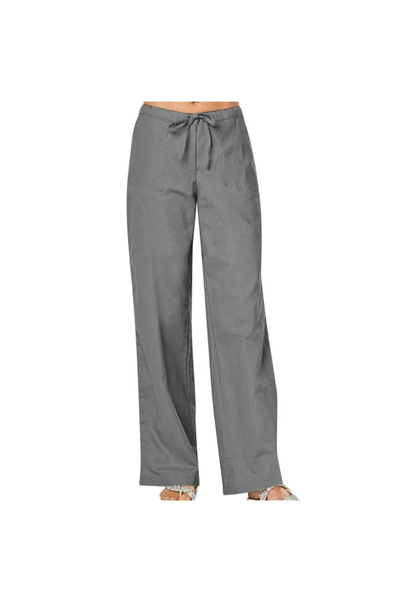 Women's Cotton Linen Pants Summer Wide Leg Casual Loose Drawstring High Waist Palazzo Pants Trousers with Pockets Gray XL