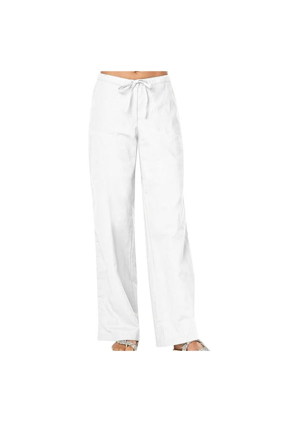 Women's Cotton Linen Pants Summer Wide Leg Casual Loose Drawstring High Waist Palazzo Pants Trousers with Pockets White 3XL