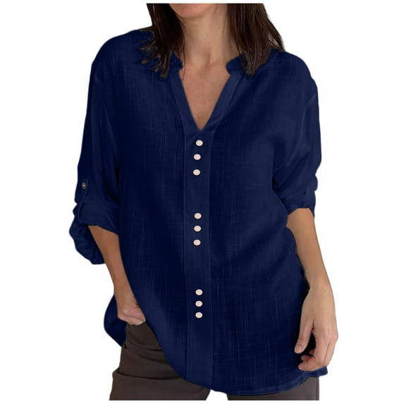 UYISJ Women's Cotton Linen Tops V Neck Rolled Long Sleeve Button T Shirts Solid Color Dressy Casual Loose Work Business Blouses Navy Blue S