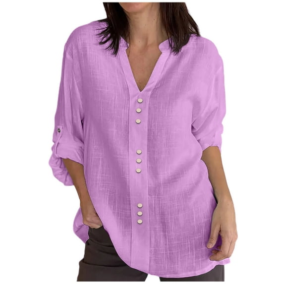 UYISJ Women's Cotton Linen Tops V Neck Rolled Long Sleeve Button T Shirts Solid Color Dressy Casual Loose Work Business Blouses Pink L