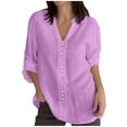 thumbnail image 1 of UYISJ Women's Cotton Linen Tops V Neck Rolled Long Sleeve Button T Shirts Solid Color Dressy Casual Loose Work Business Blouses Pink S, 1 of 6