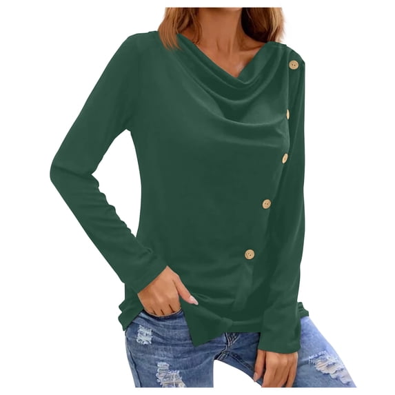 UYISJ Women's Cowl Neck Ruched Casual Tops Long Sleeve Button Shirts Slim Fitted Blouses