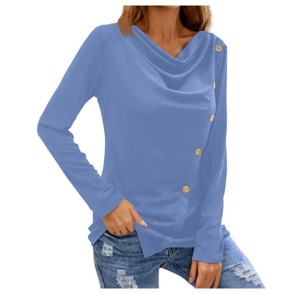 UYISJ Women's Cowl Neck Ruched Casual Tops Long Sleeve Button Shirts Slim Fitted Blouses