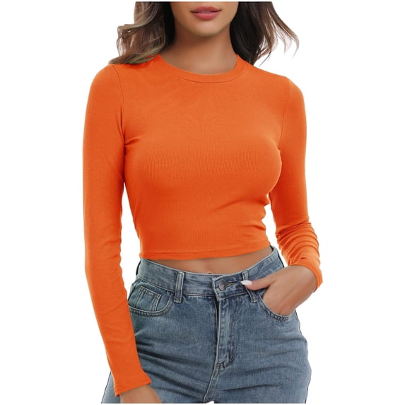 UYISJ Women's Crew Neck Long Sleeve Ribbed Knitted Trendy Fall Crop Tops Casual Basic Pullover Solid Color Slim Fit Shirts Orange S
