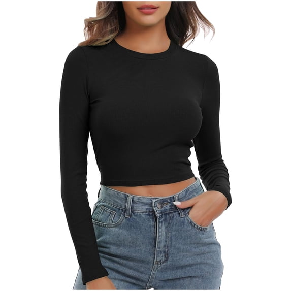 UYISJ Women's Crew Neck Long Sleeve Ribbed Knitted Trendy Fall Crop Tops Casual Basic Pullover Solid Color Slim Fit Shirts XXL
