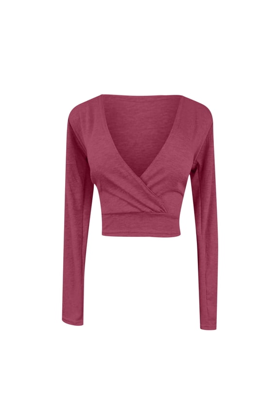 Women's Crop Top Long Sleeve Deep V Neck T-Shirt Slim Fit Cross Wrap Tops Basic Blouse