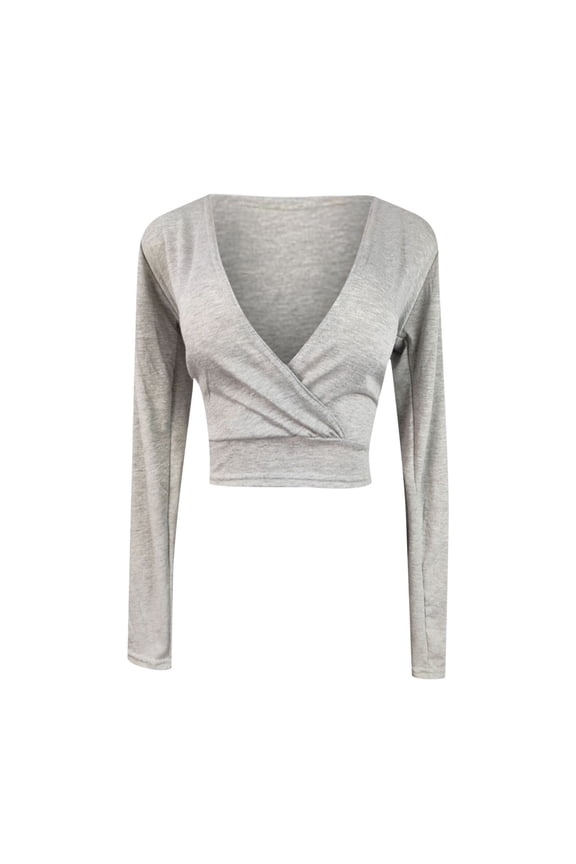 Women's Crop Top Long Sleeve Deep V Neck T-Shirt Slim Fit Cross Wrap Tops Basic Blouse