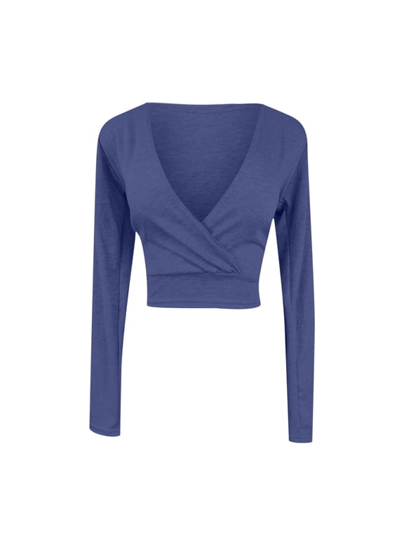 Women's Crop Top Long Sleeve Deep V Neck T-Shirt Slim Fit Cross Wrap Tops Basic Blouse